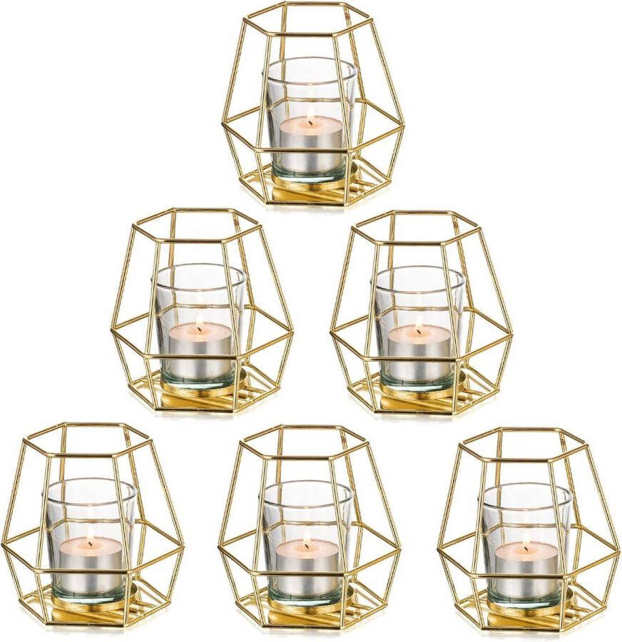 Stompkaarsenhouder metalen theelichthouder set van 6 geometrische theelichtjes met votiefglas kandelaar moderne geo-decoratie voor tafeldecoratie feest bruiloft woonkamer Kerstmis