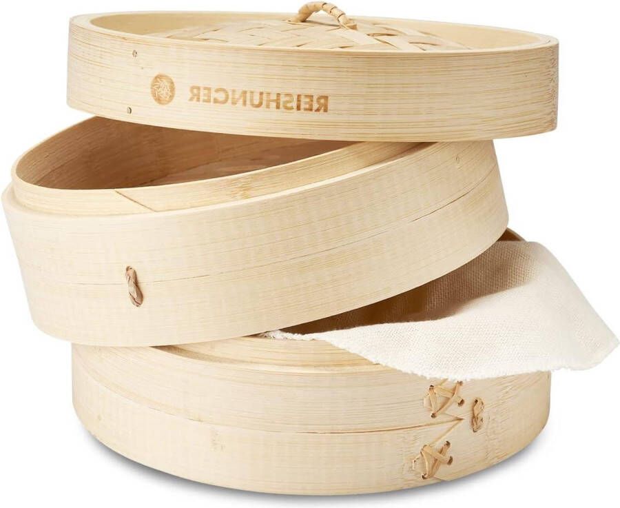 Stoomkoker van bamboe incl. katoenen doeken 2 maten diameter 20cm beige