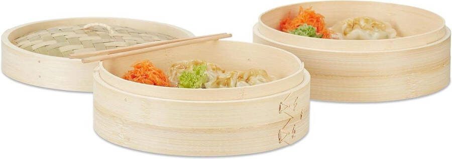 Stoommand bamboe 24 cm diameter driedelig rijst dim sum natuurlijke kleur