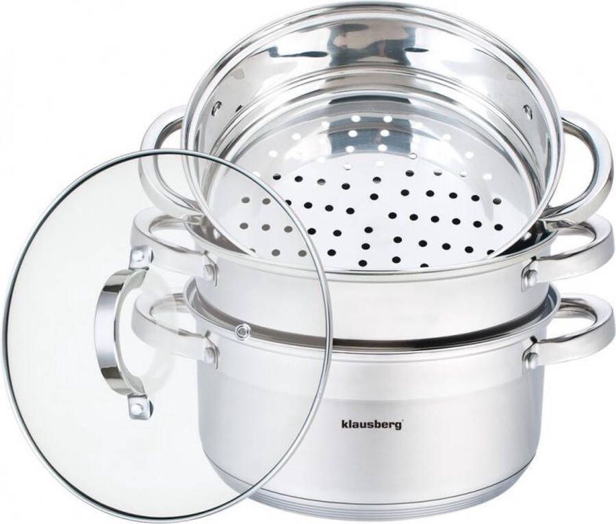 KLAUSBERG Stoompan Rijst- en Groentestomer 4-Delig Ø 22 cm 4L RVS Met Glasdeksel FIRENZE
