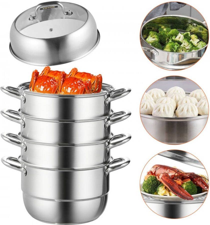 Stoompan Stoompannen Stomer Steamer Roestvrij staal Met Verhoogde Deksel van transparant gehard glas 5 Lagen ⌀ 30 cm