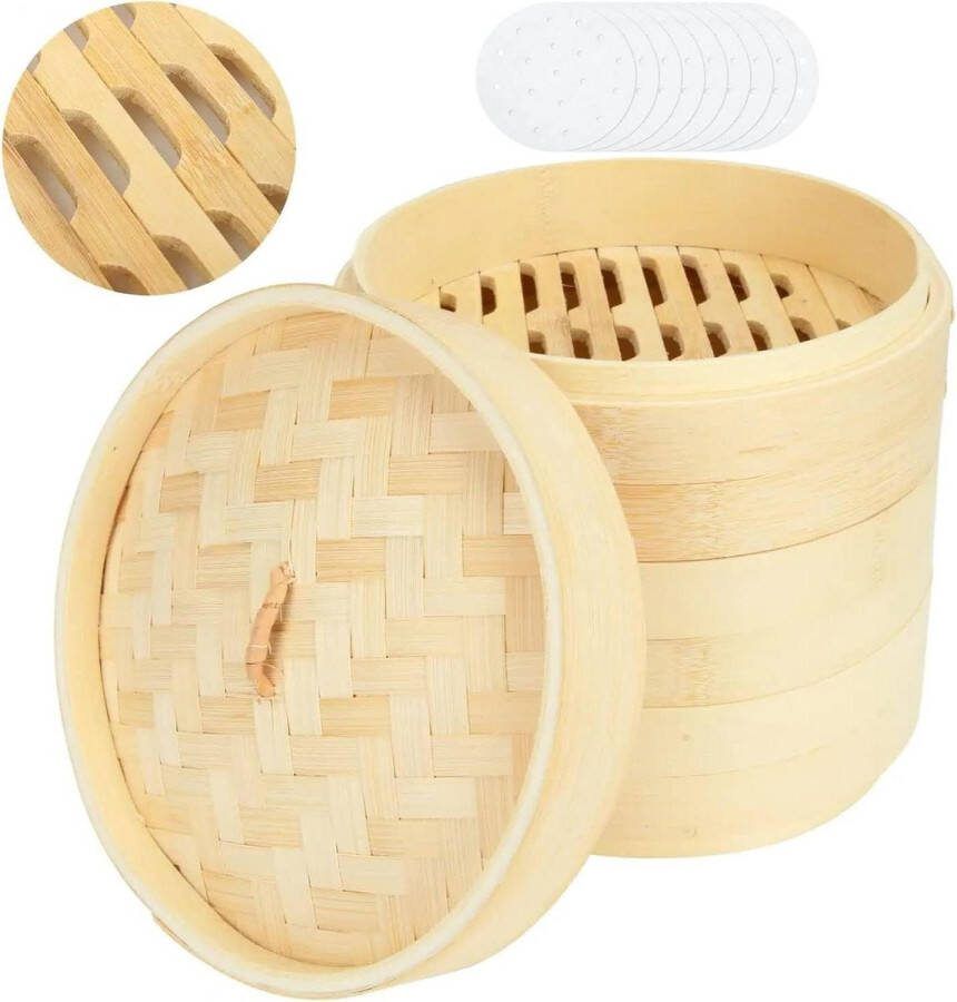 Stoompan van bamboe 3 niveaus diameter 20 cm met 50 vellen stoompapier voor rijst groenten dim sum vis