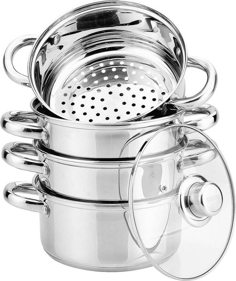Stoompannen Set 5-delig I Kookpan Stoominzet Deksel Ø 18 cm – 2.5L RVS I Rijststomer Stoompan Groentestomer Vis- en Vleesstomer I Gezond Lekker Zuinig
