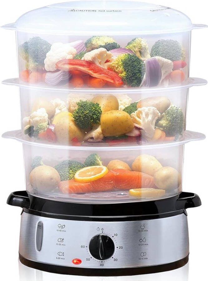 Stoompot Stoomkoker Stomer 3 Lagen 9 liter Timer 800 Watt Gezond Incl. Rijst Stoommandje RVS