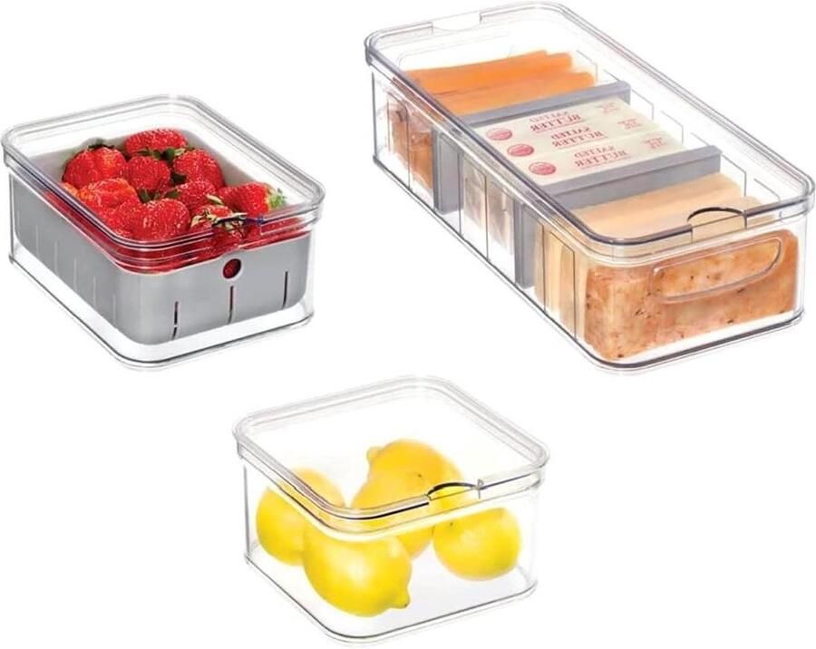 Storage Bins Fridge Organisers with Lids Set of 5 Recycled Plastic Kitchen Accessories Keep Food Fresh Transparent White
