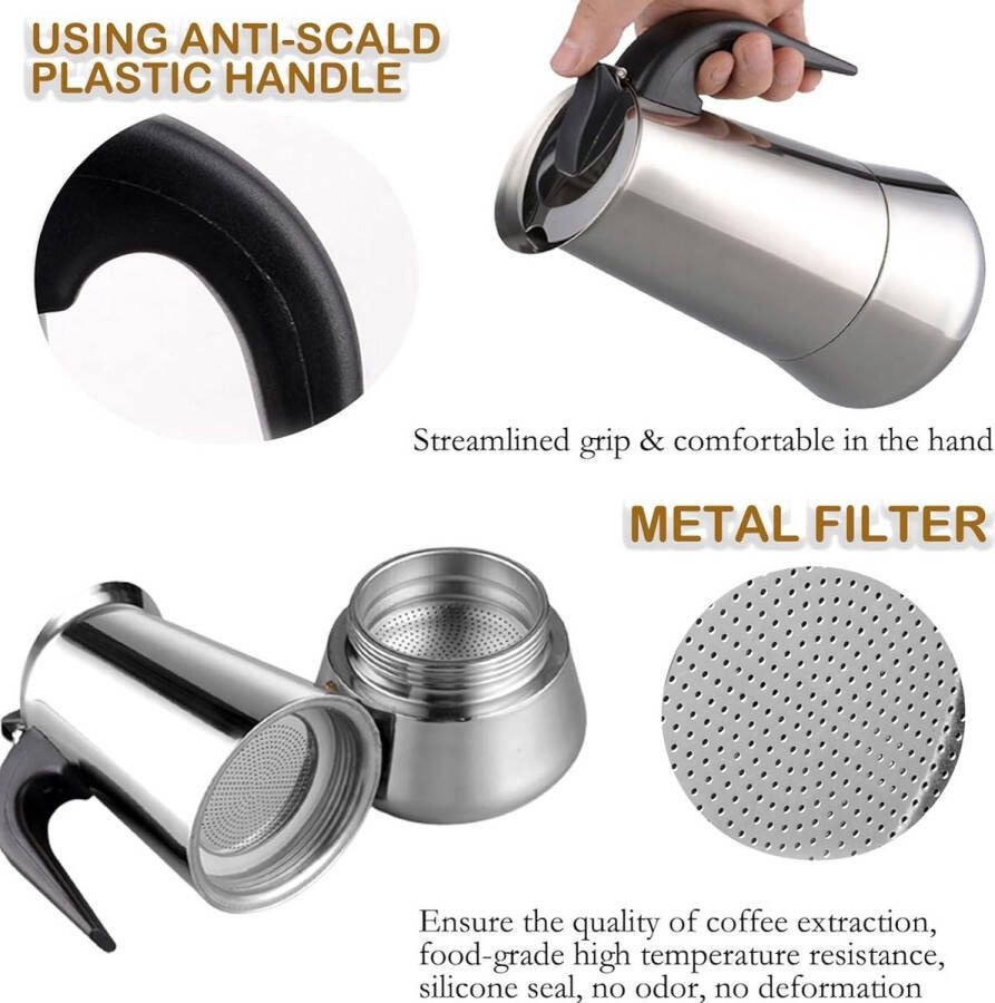 Stovetop Coffee Maker Pot 201 Stainless Steel Espresso Moka Percolator Kettle for All Hobs 450ml Capacity Home & Camping Use