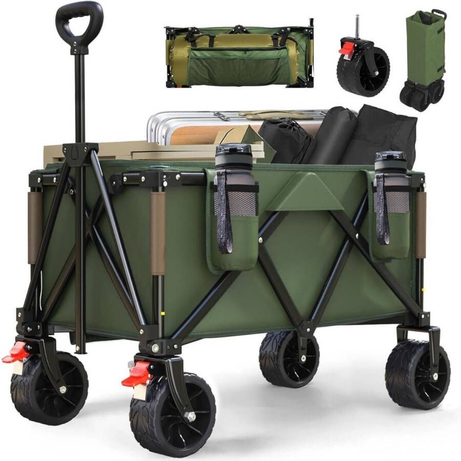Strandkar Bolderkar Opvouwbaar – Bolderwagen Voor Alle Terreinen – Boodschappenwagen Met Brede Banden En Handige Opbergruimtes Tuinkar Met Verstelbare Handgreep – Winkeltrolley 120 kg Opbergruimte Groen