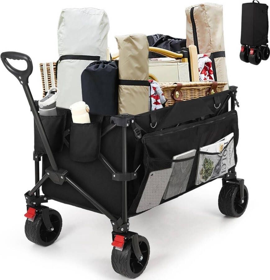 Strandkar Bolderkar Opvouwbaar – Bolderwagen Voor Alle Terreinen – Boodschappenwagen Met Brede Banden En Handige Opbergruimtes Tuinkar Met Verstelbare Handgreep – Winkeltrolley 200 Liter 150 kg Opbergruimte Zwart