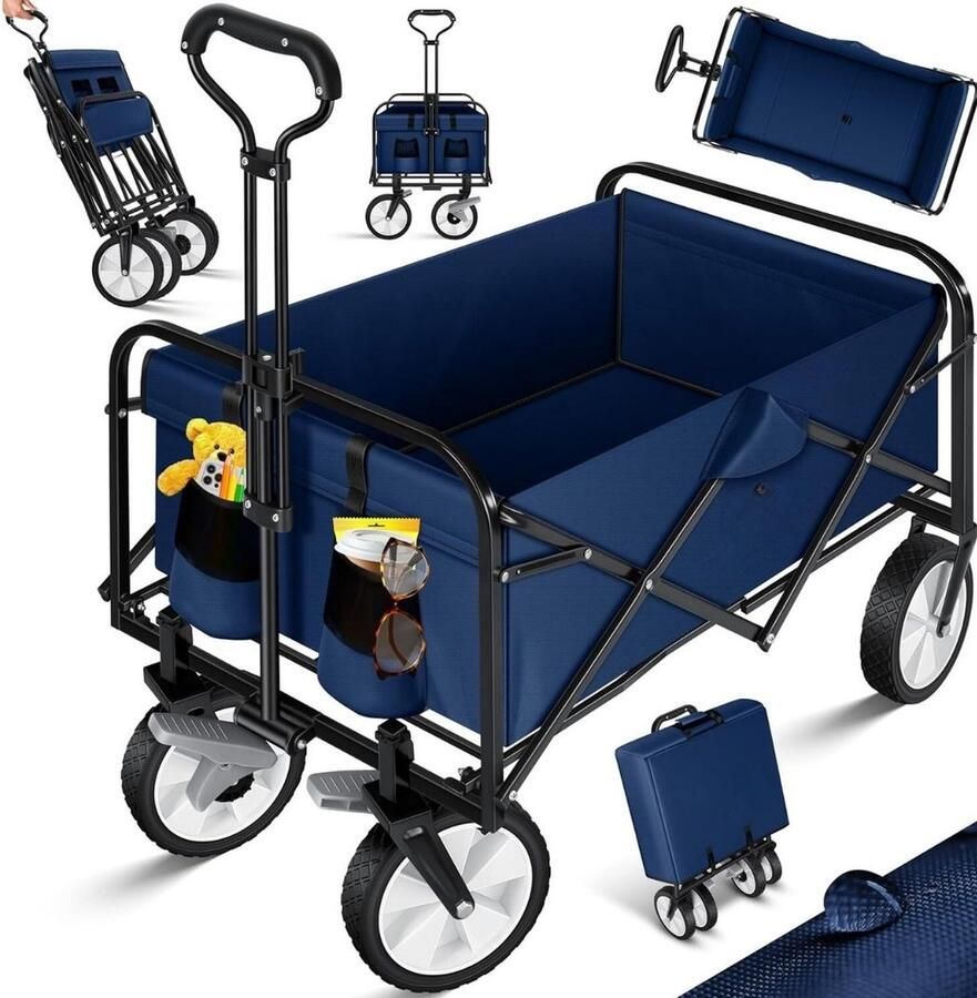 Strandkar Bolderkar Opvouwbaar Met Rubberen Wielen – Bolderwagen Voor Alle Terreinen – Boodschappenwagen Tuinkar Met Verstelbare Handgreep – Winkeltrolley 80 kg Opbergruimte Blauw