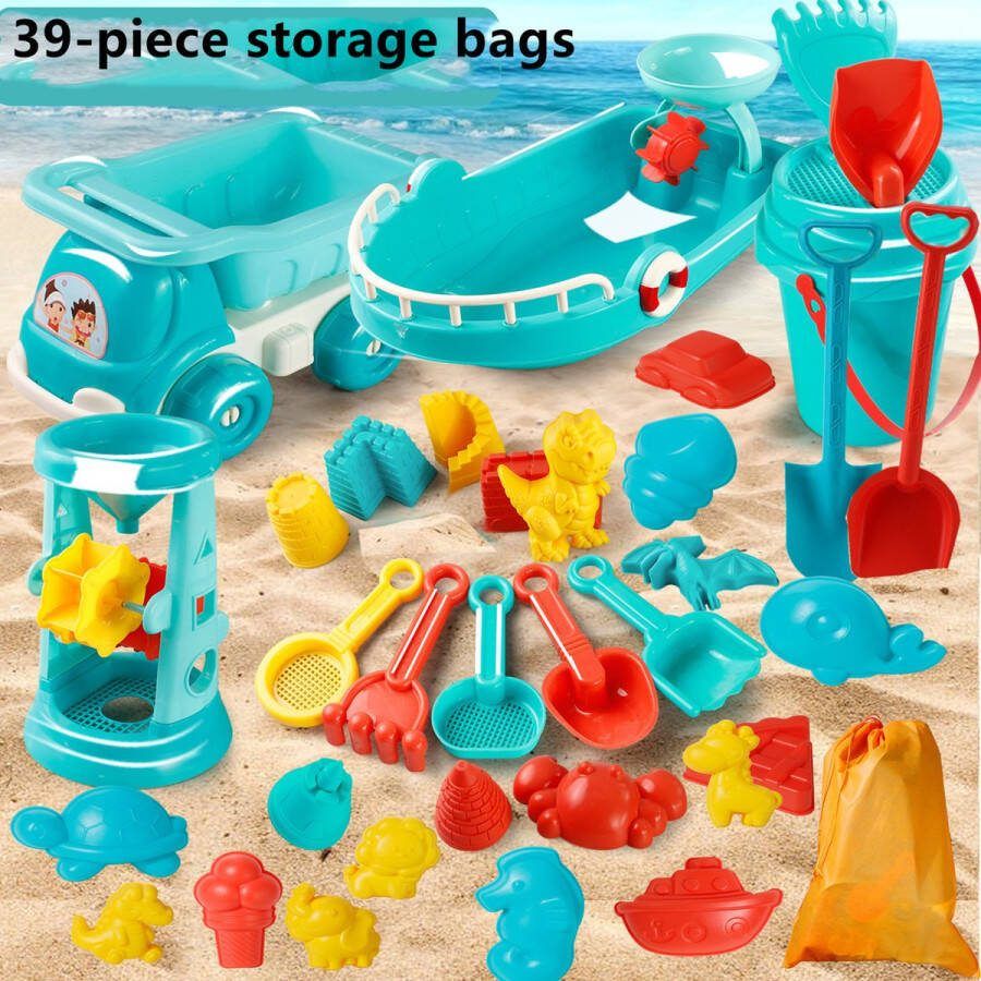Strandspeelgoedset 39 zandbak strandspeelgoed strandspeelset voor kinderen met netzak waterrad hark strandkasteel zandvormspeelgoed voor kinderen binnen of buiten