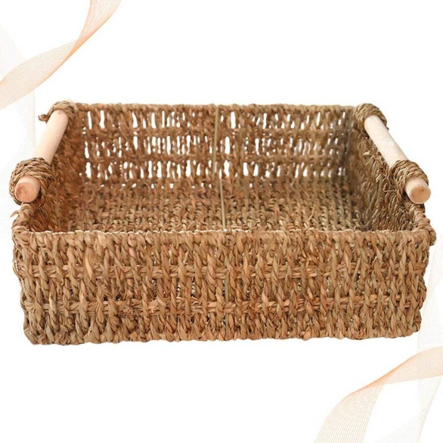 Straw Basket met handvat Wicker Storage Basket Houten Handle Decoratieve Small Basket Woven Baskets Bathroom Baskets Organising Medium Size 25X25x7cm