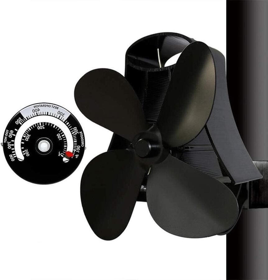 Stroomloze ventilatorkachel hittebestendig en geluidsarm 4 rotorbladen met thermometer zwart Elektrische haard