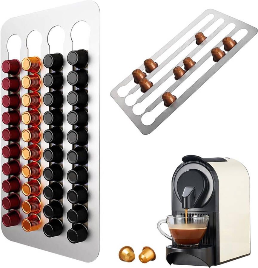 Suevut Coffee Capsules Storage for Nespresso Capsule Holder Wall 40.5 x 22 cm Stainless Steel Coffee Capsule Holder 3M Adhesive Strips Capsule Stand 4 Rows for 40 Coffee Capsules No Drilling