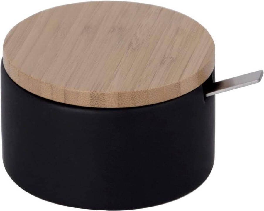 Suikerpot van keramiek bamboehouten deksel en roestvrijstalen lepel ideaal voor suiker en zout 125x10x6 5 cm zwart Zoutpot