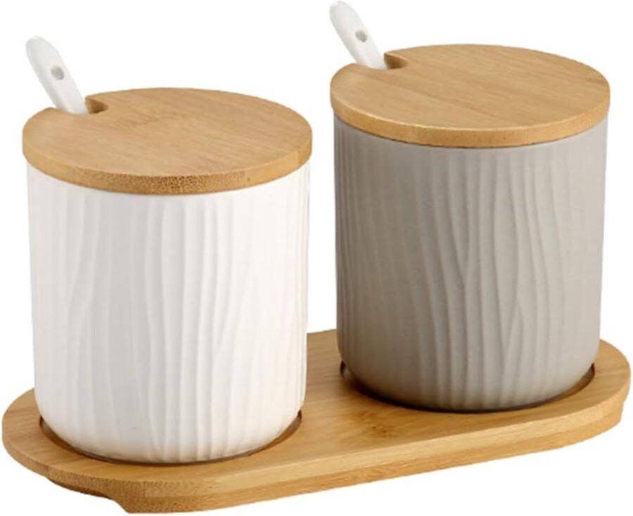 Suikerpotjes keramische kruidenpotjes set van 2 bamboe deksel keramische lepel thuis en keuken Zoutpot