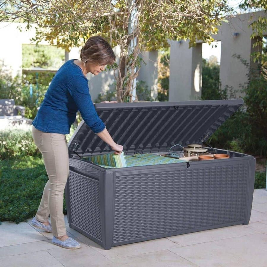 Sumatra kussenbox voor buiten 511 L weerbestendig grijs deksel met gasveer buitenafmetingen 147 3 x 75 3 x 16 7 cm zitplaats voor 2 personen grafiet