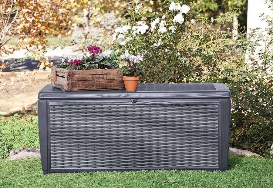 Sumatra kussenbox voor buiten 511 L weerbestendig grijs deksel met gasveer buitenafmetingen 147 3 x 75 3 x 16 7 cm zitplaats voor 2 personen grafiet
