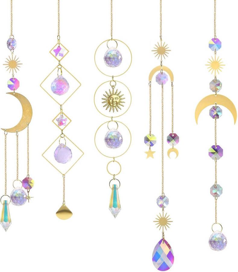 Sun Catcher Crystal Wind Chime 5 stuks kristallen hanger decoraties Moon Star decoratie hangende Crystal Sun Catcher Raamdecoratie Hangende Ornament Kristallen Bollen Voor Tuin Thuiskantoor
