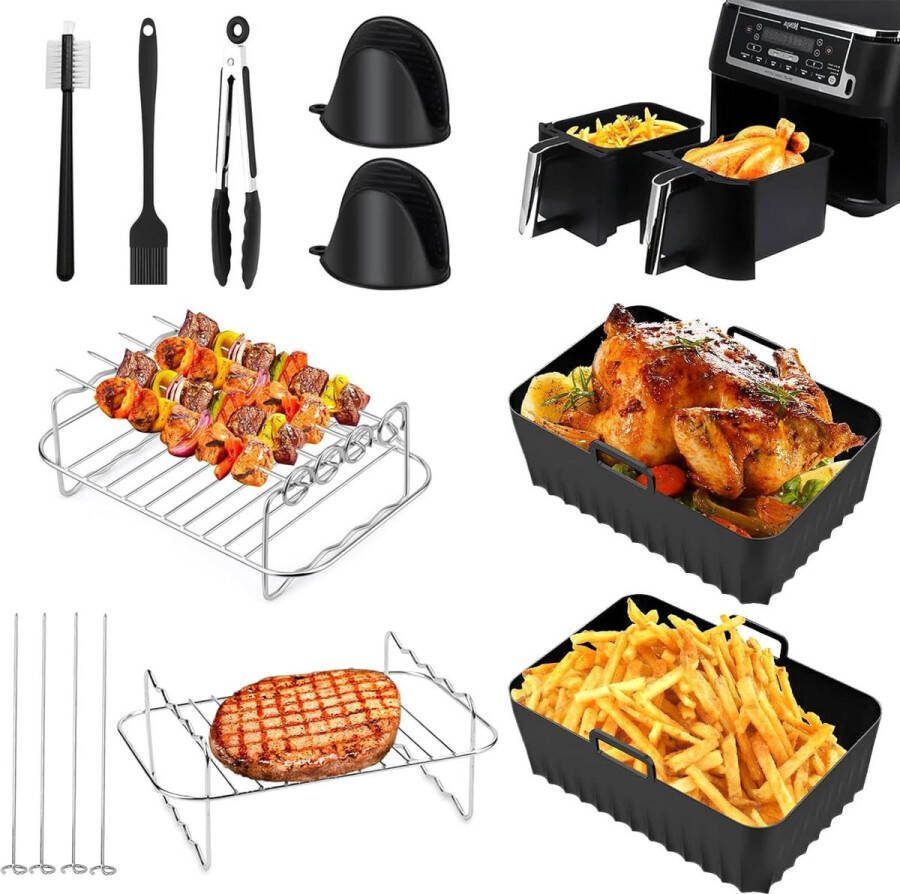 Sungoup 9 Stuks Accessoires voor Friteuses Air Fryer Siliconen Pot Airfryer Rack Siliconen Ovenwanten Keukentang Siliconen Bakkwasten Keukenborstel Compatibel met Ninja Airfryer