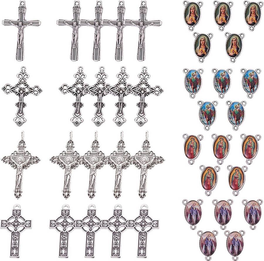 SUNNYCLUE 40Pcs Cross en Center Wonderbaarlijke Medaille met Legering Kruisbeeld Kruis Hangers En Ovale Kroonluchter Links Voor Kralen Ketting Maken