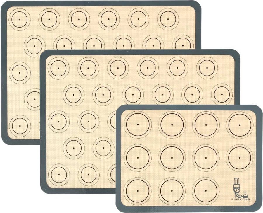 SUPER KITCHEN Bakmat van siliconen voor macaron koekjes 3-delige set (grijs) bakonderlegger siliconenmat bakfolie bakpapier bakaccessoires anti-aanbakmat voor macarons brood pizza 42 x 30 cm