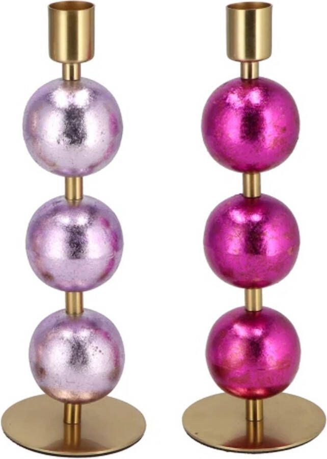Supervintage set van 2 kerstballen kandelaren voor dinerkaarsen Lila en Roze 23 cm
