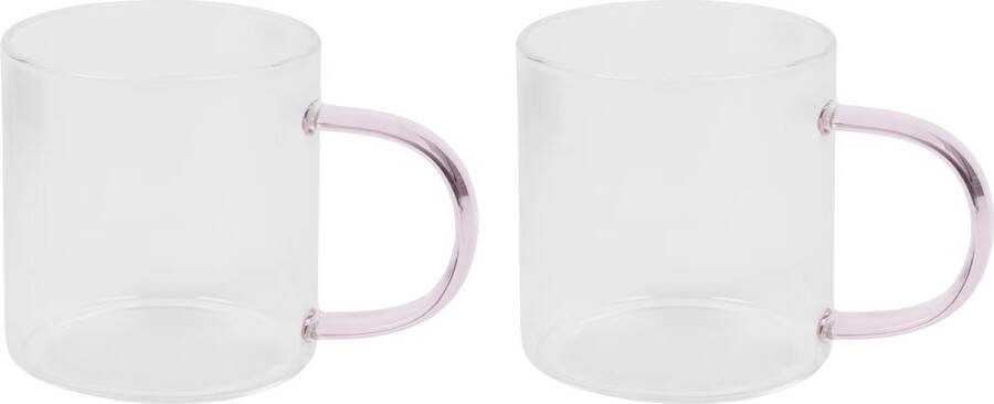Supervintage set van 2 theeglazen met gekleurd oor gemaakt van borosilicaat glas 300 ML Roze