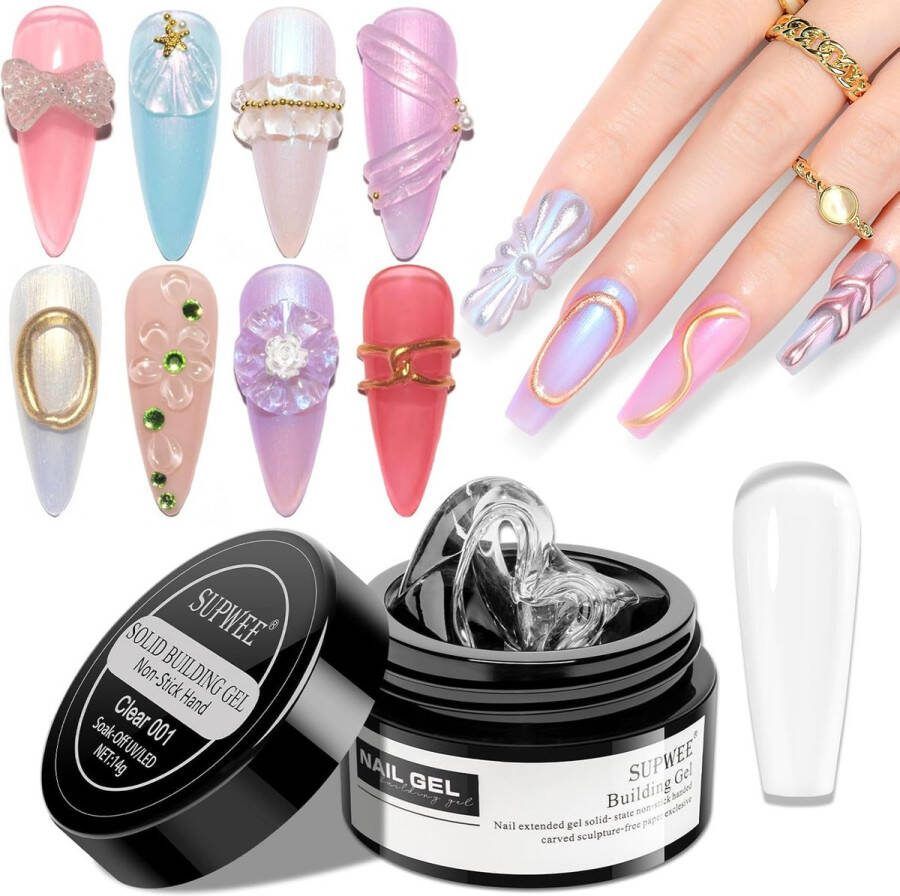Supwee Solid Sculpture Builder Gel Multifunctionele niet-klevende handnagelverlengingsgel voor snijpatronen Decoratie Nail Art Emboss Harde gel voor nagels Mnicure DIY thuis 14g (0.49fl oz)