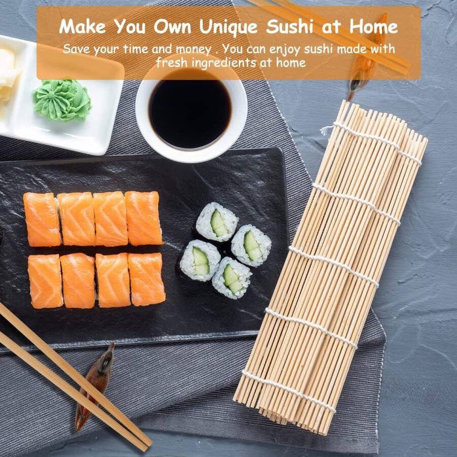 Sushi-dienblad van bamboe mat sushi-mat bamboe wasbaar herbruikbaar 6-in-1 DIY sushi-set met 2 sushi-matten 2 paar eetstokjes 2 eetstokjes 2 eetstokjeshouder