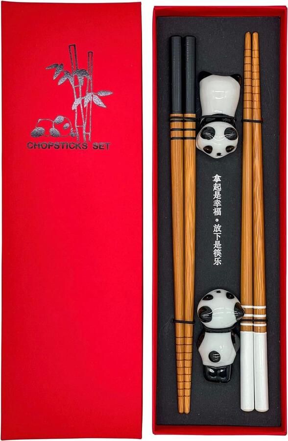 Sushi eetstokjes set panda 2 paar inclusief keramische onderleggers premium hout duurzaam Japans Chinees Koreaans Taiwanees