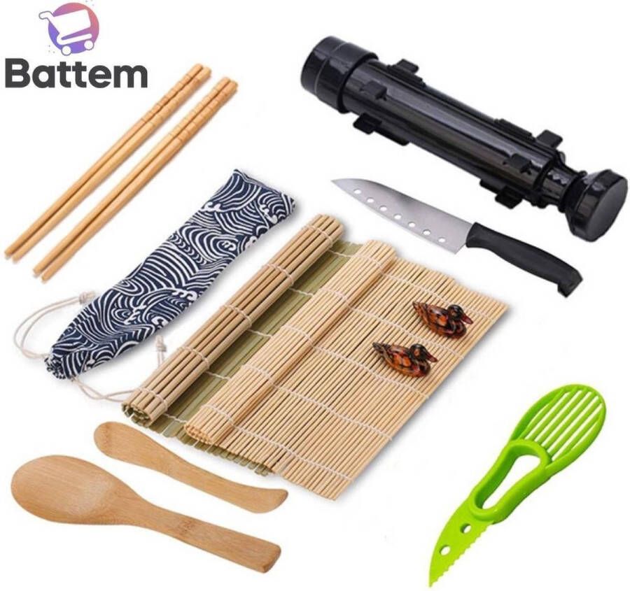Sushi maker bazooka XL kit Sushi maker set alles-in-1 10-delige sushi set met RVS mes bamboo rolmatjes en avocado mesje GRATIS 2x bamboe eetstokjes