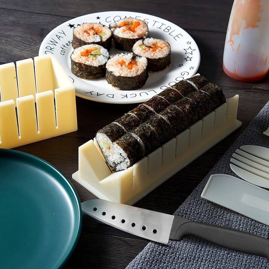 Sushi Maker Set van 12 stuks complete sushi-set met 8 verschillende vormen van sushi-rijstrol doe-het-zelf-sushi-gereedschap met sushi-mes off-white