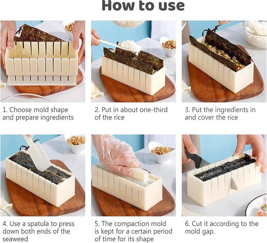 Sushi Maker Set van 12 stuks complete sushi-set met 8 verschillende vormen van sushi-rijstrol doe-het-zelf-sushi-gereedschap met sushi-mes off-white