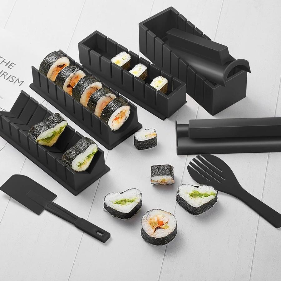 Sushi Makerset 20 artikelen kit voor beginners om zelf te maken met rijstrolvormen vork mes rolmat staafjes compleet (zwart)