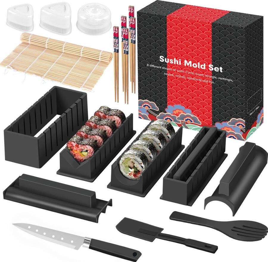 Sushi Makerset een kit van 20 artikelen voor beginners om zelf sushi te maken inclusief rijstrolvormen vork mes rolmat eetstokjes compleet (zwart)