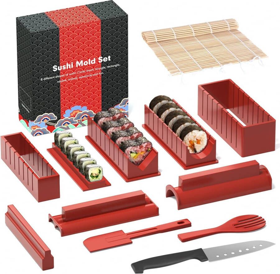 Sushi Making Kit Deluxe Edition Complete Sushi Maker Kit 12-delig Home Sushi Mold Press met Sushi Rice Roll Mold Shapes Vork Sushi Mes Sushi Rolling Mat Sticks