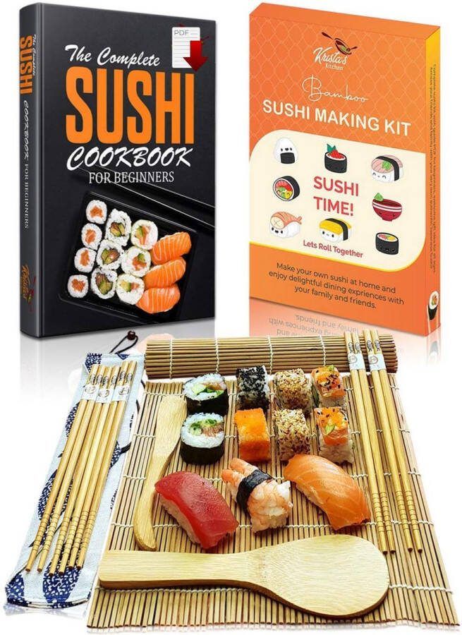Sushi Making Kit Sushi Maker Set voor beginners met bamboe rolmat maak je eigen sushi thuis All In One Set 2 matten 5 paar eetstokjes met tas peddel strooier met stapsgewijze boekgids