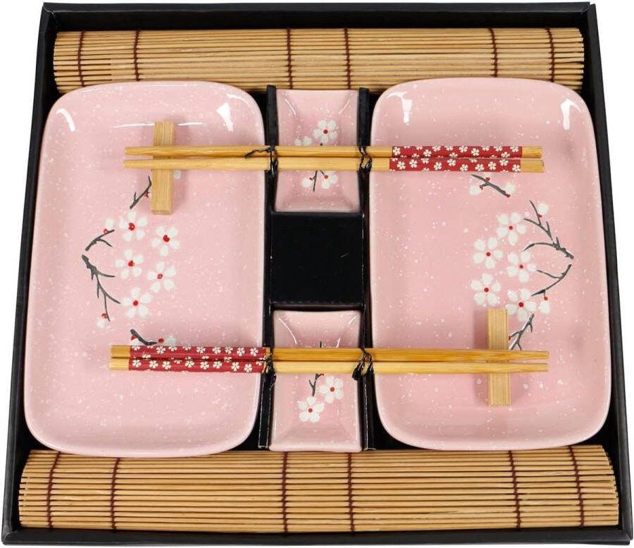 Sushi Plates Set 10 Pieces High Quality Porcelain Gift Box Pink Dip Bowls Placemats Chopsticks Residues