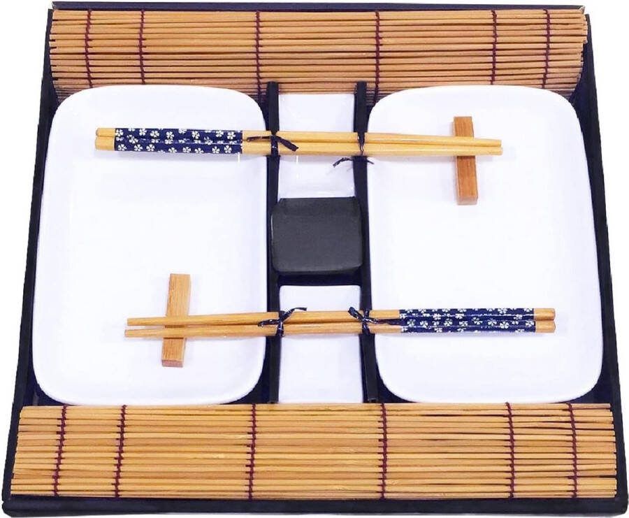 Sushi-set 10 stuks 2 x sushiborden 2 x dipkommen 2 x bamboe sushi-rolmatten 2 x bamboe stokjes restjes 2 stokjes mooi gepresenteerd in een geschenkdoos