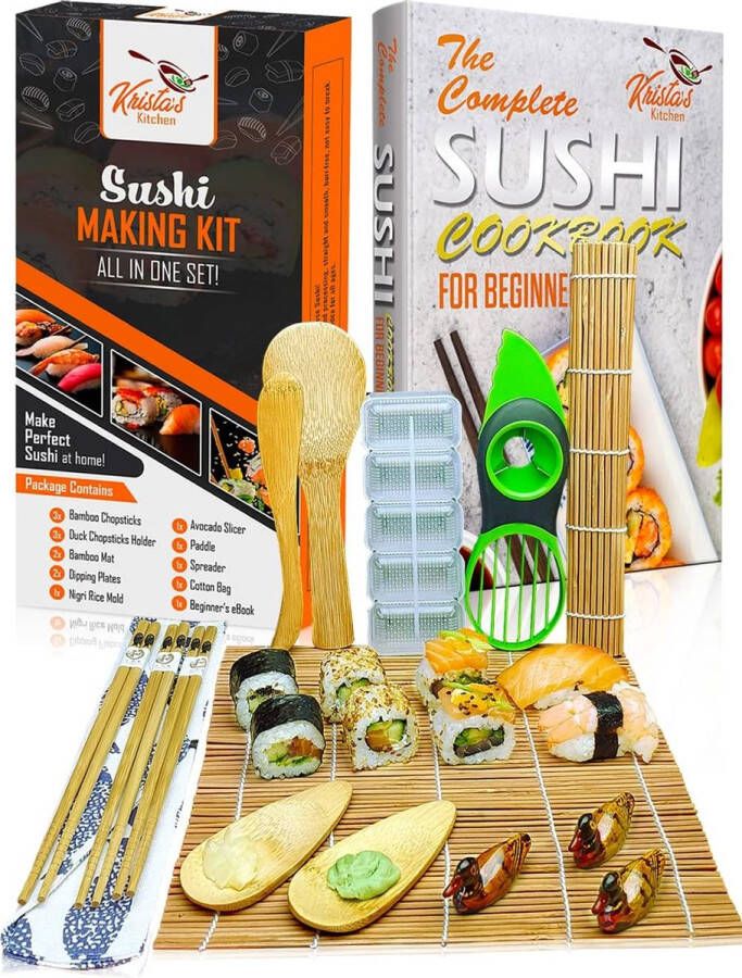 Sushi Set 14 Pieces Bamboo Sushi Maker Kit Rolling Mat for Beginners 2 Mats 3 Pairs Chopsticks with Bag Rice Spoon Spreader Rice Molder Avocado Cutter with eBook