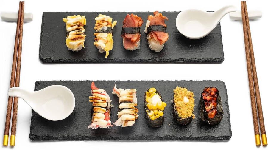 Sushi-set 30 x 10 cm sushiservies set van 2 sushiborden sushi-borden leisteen sushi-serveerset met dip-schaaltjes staafjes