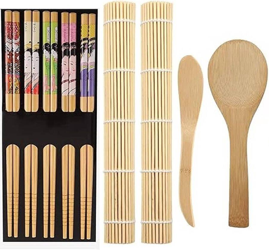 Sushi Set 9 Stuks Bamboe Sushi Making Kit inclusief 2 bamboe matten 5 paar eetstokjes 1 rijstspatel 1 schep Sushi stokjes Sushi kit