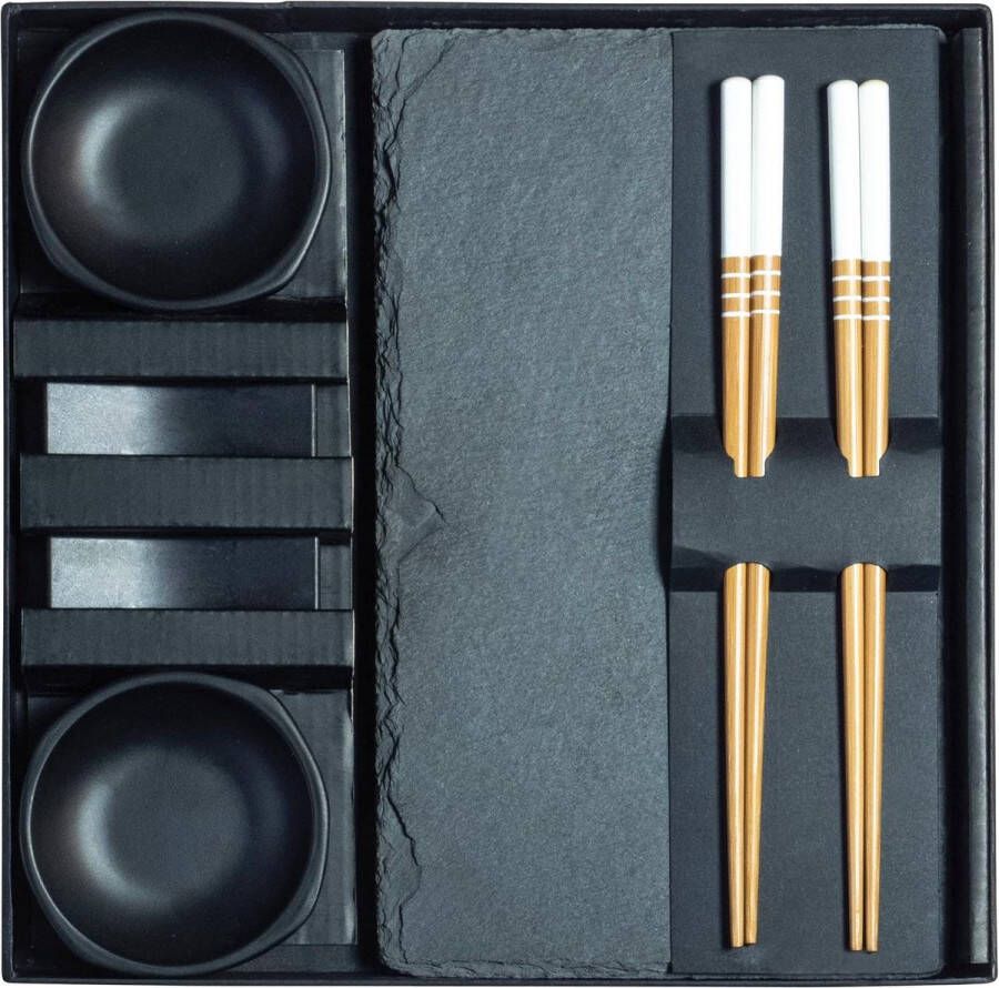 Sushi Set for Two People Slate Plate Bowl Bench Chopsticks JADE TEMPLE