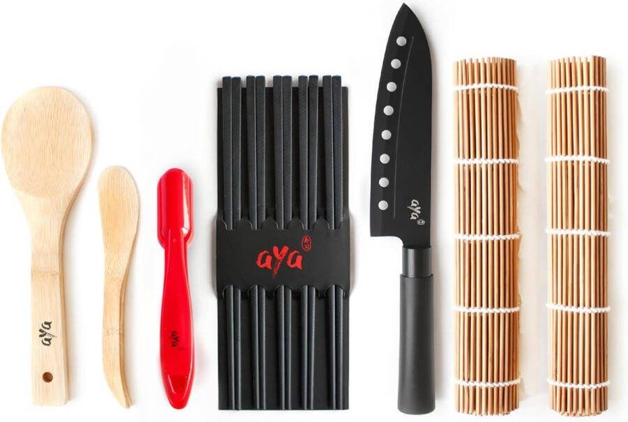 Sushi Set Originele bamboe kit met sushi koksmes online video tutorials 2 rolmatten lepel & spatel 5 paar eetstokjes 100% natuurlijke premium bamboematten
