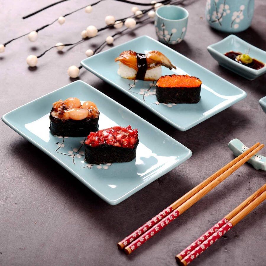 Sushiset Japanse stijl porselein 2 sushiborden 2 dipschaaltjes 2 eetstokjeshouder 2 paar eetstokjes voor 2 personen