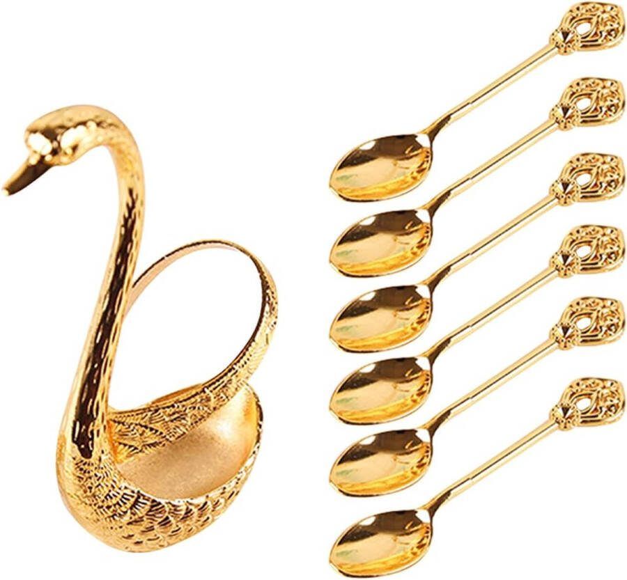 Swan Koffielepels 6-delige roestvrijstalen koffiedessertlepelset creatieve Swan bodemhouder espressolepelstandaard theelepel dessertlepel (goud)