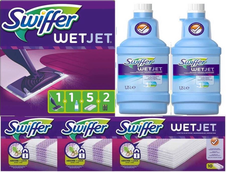 Swiffer WetJet Dweilpakket met 2 batterijen + 30 doekjes + 2 flessen reinigingsmiddel