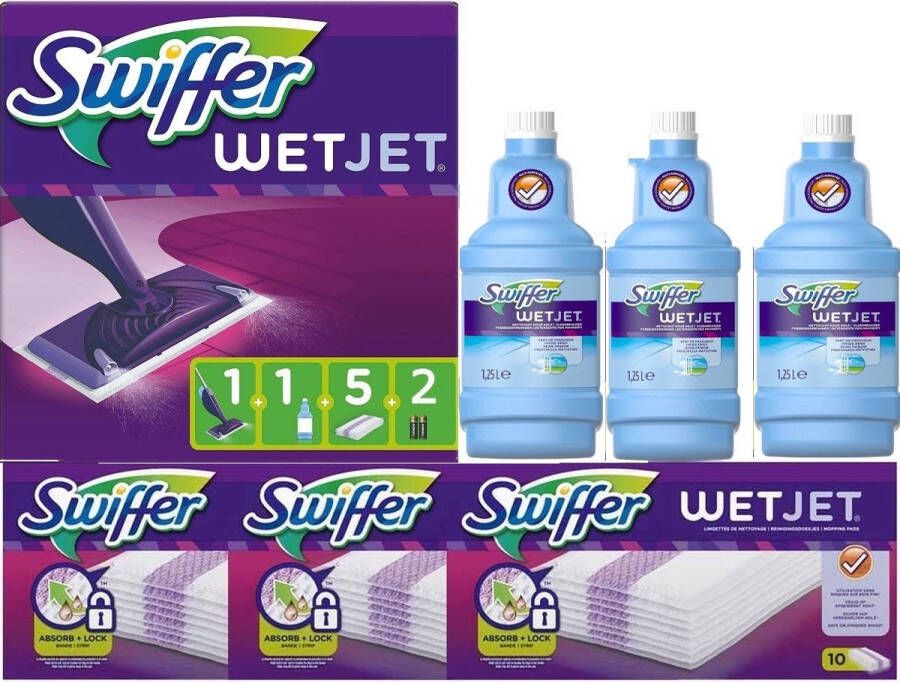 Swiffer WetJet Dweilpakket met 2 batterijen + 30 doekjes + 3 flessen reinigingsmiddel