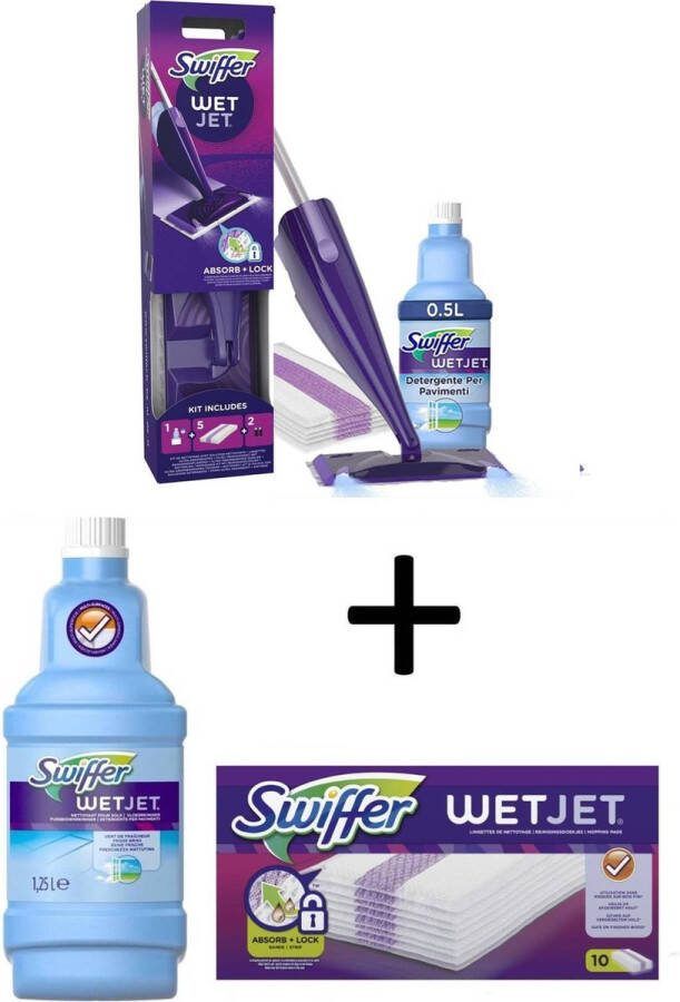 Swiffer WetJet StartSet Dweilpakket met 2 batterijen + 1.75 Liter Navulfles + 15 Reinigingsdoekjes