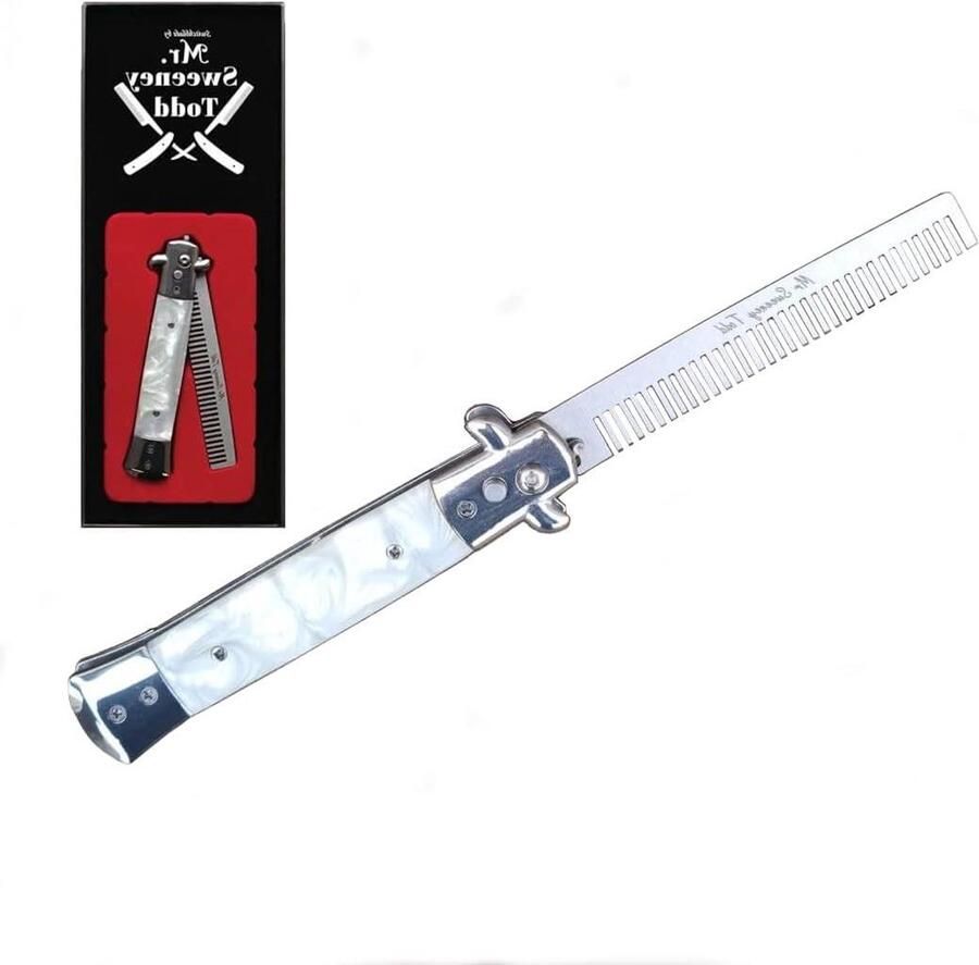 Switchblade Opvouwbare Kam Roestvrijstaal Wit Drukknop Flick Comb Display Box